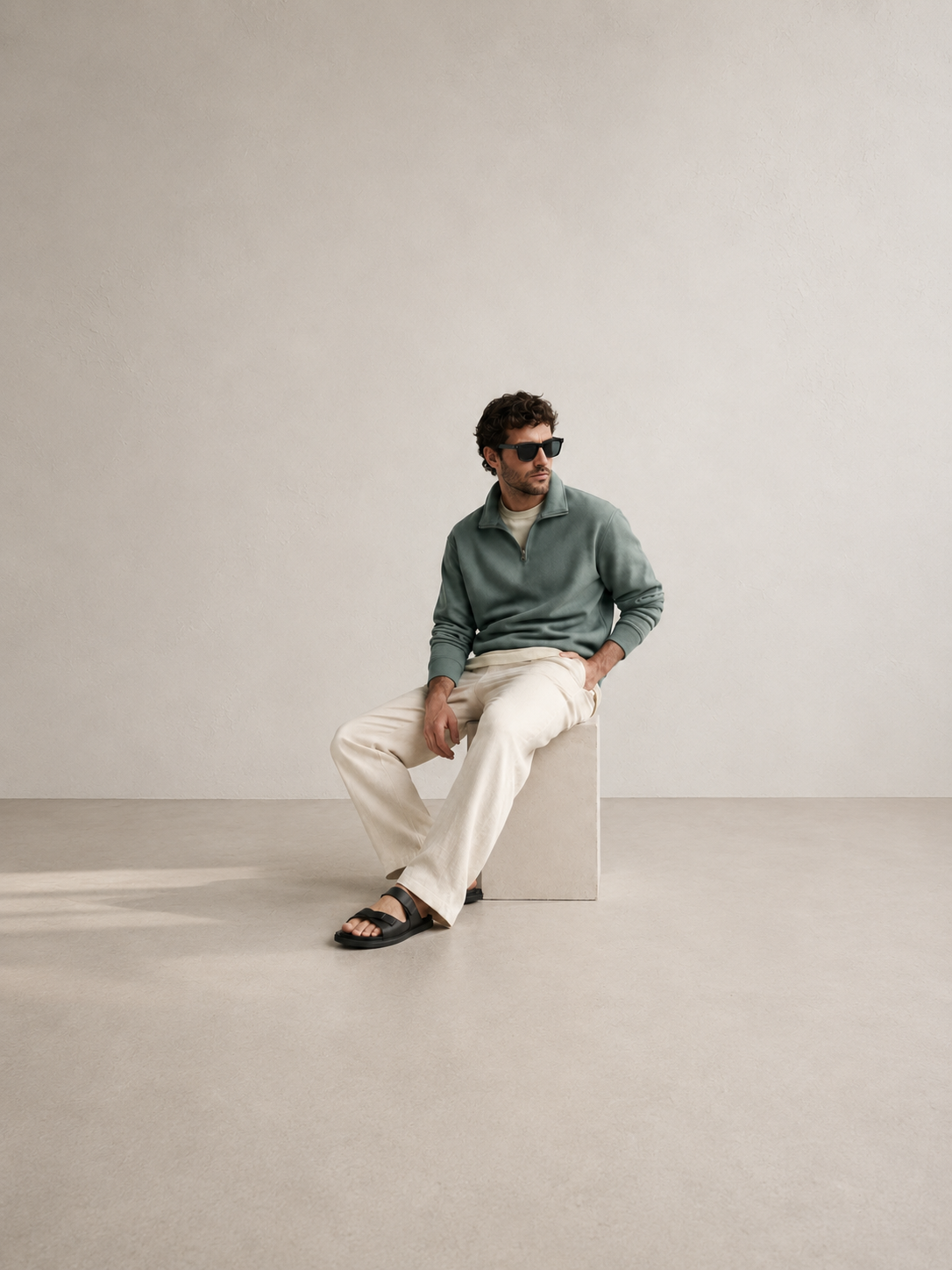 Model in a sage quarter-zip and relaxed ivory trousers for the men's collection